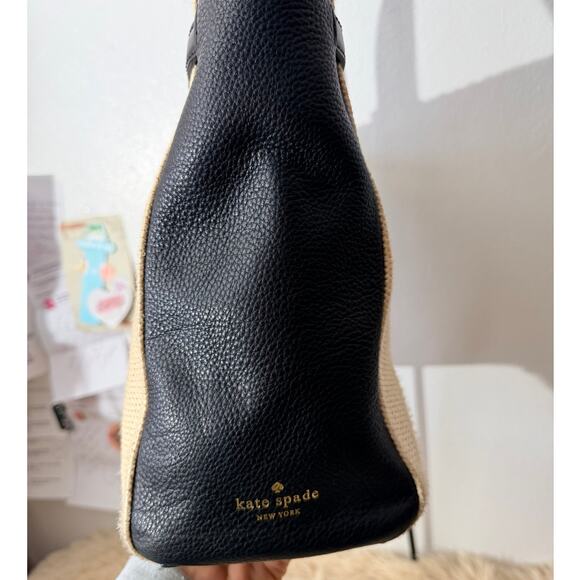 Kate Spade Woven Straw Tote Black Leather Trim Spade Lock - Picture 4 of 13